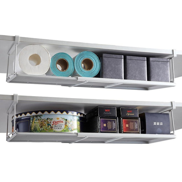 KERUYUNLA Hanging Extendable Under Shelf Storage Basket (2 Pack), Metal & White, Space Saving for Kitchen, Pantry, Closet, Bathroom, Laundry Room, and Office Desk - Interior: 3.66" H x 8.26" D