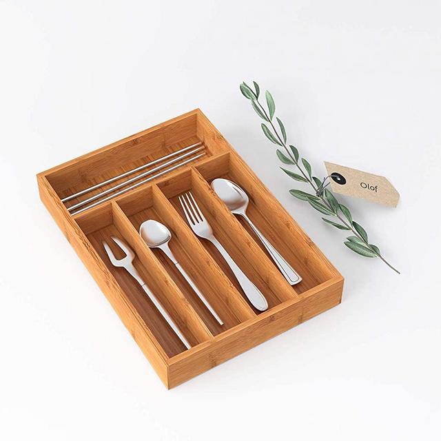 BAMEOS Drawer Organizer Bamboo Silverware Holder, Cutlery Tray 9.76 inches Flatware and Utensil Organizer for Knife Spoon Tool Kitchen Garage