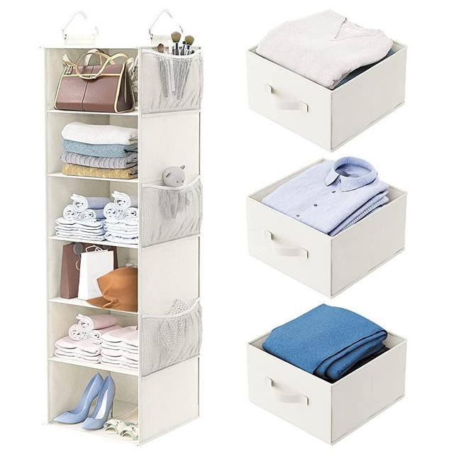 MONINXS 6-Shelf Hanging Closet Organizer, Hanging Shelves for Closet with 3 Divisible Drawers & Side Pocket, Linen, 12''W x 12''D x 43.3''H, White