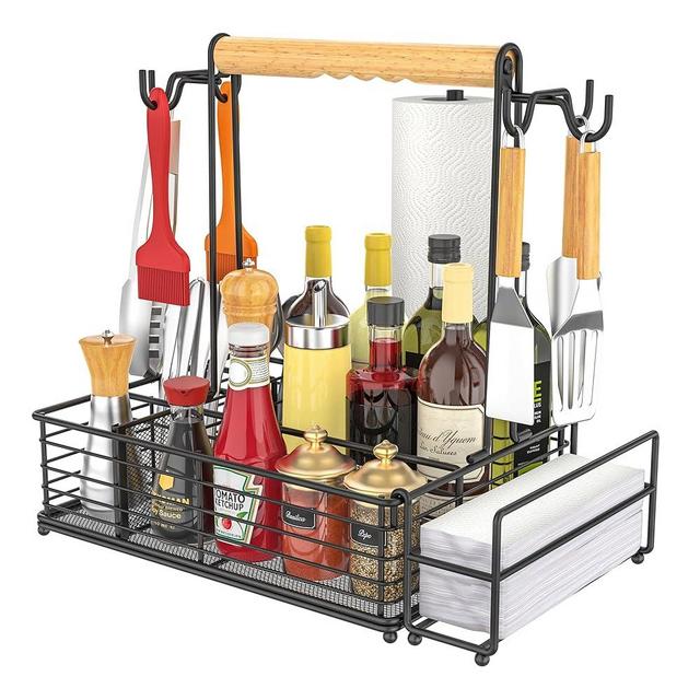 Toncoke Large Grill Caddy with Paper Towel Holder, Side Hooks, Utensil Holder, Wooden Handle Storage BBQ Tools for Picnic RV Patio Camping Tailgate Essential Kitchen Barbecue Condiment Organizer