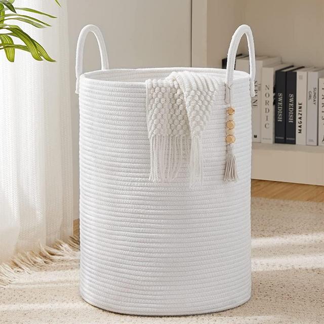 Woven Rope Laundry Hamper Basket by YOUDENOVA, 58L Tall Laundry Basket for Blanket Organizer- Clothes Hamper for Bedroom Storage, Baby Kids Nursery Hamper-Large-White