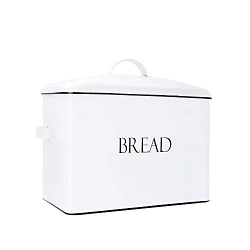 Outshine Vintage Metal Bread Bin - Countertop Space-Saving, Extra Large, High Capacity Bread Storage Box for your Kitchen - Holds 2+ Loaves 13" x 10" x 7"- White with BREAD Lettering