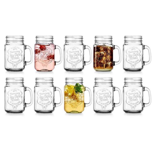 Glaver's Quality Refreshing Ice Cold ,16-ounce Mason Drinking Glasses With Handles, Set Of 10 Embossed - Ice Cold- Jars For Centerpieces, Cold Beverages, Cocktails, Shakes, Sodas, Juice and more.