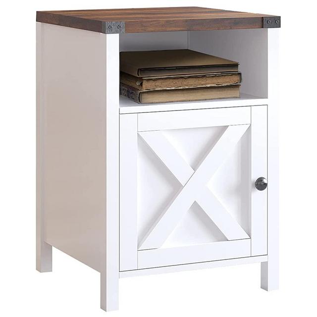 Farmhouse Nightstand, Side Table, Set of 1 End Table with Barn Door and Shelf, Modern Bed Side Table End Table, Rustic Nightstands Set for Bedroom, Living Room, White, Set of 1