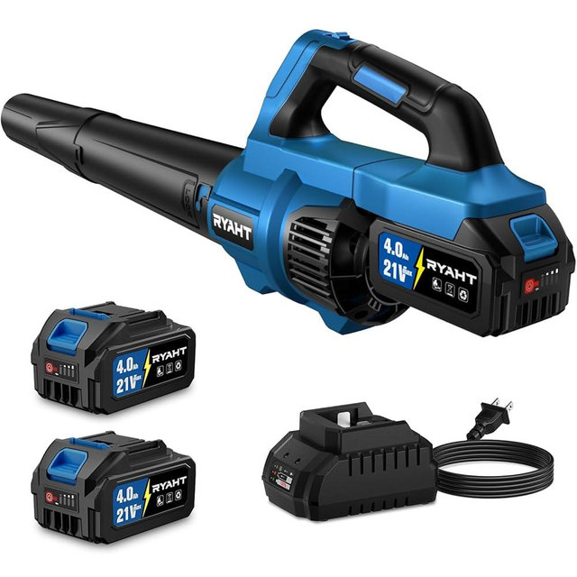 RYAHT Leaf Blower Cordless, 21V Powerful Electric Leaf Blower with 2 X 4.0Ah Batteries and Charger, 2 Speed Modes, Handheld Lightweight Leaf Blowers for Lawn Care, Patio, Dust, Blowing Leaves, Blue