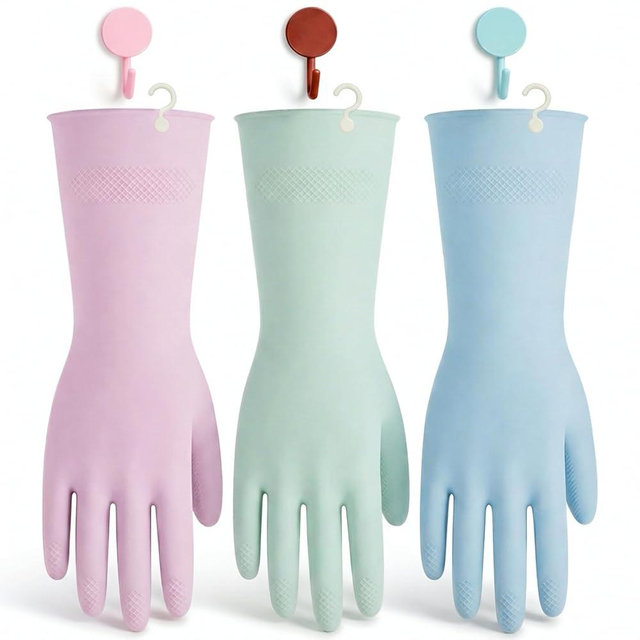 IMARU 3 Pairs Dishwashing Gloves with Hanging Hooks - NonSlip & Reusable Cleaning Gloves for Household, Kitchen, Gardening