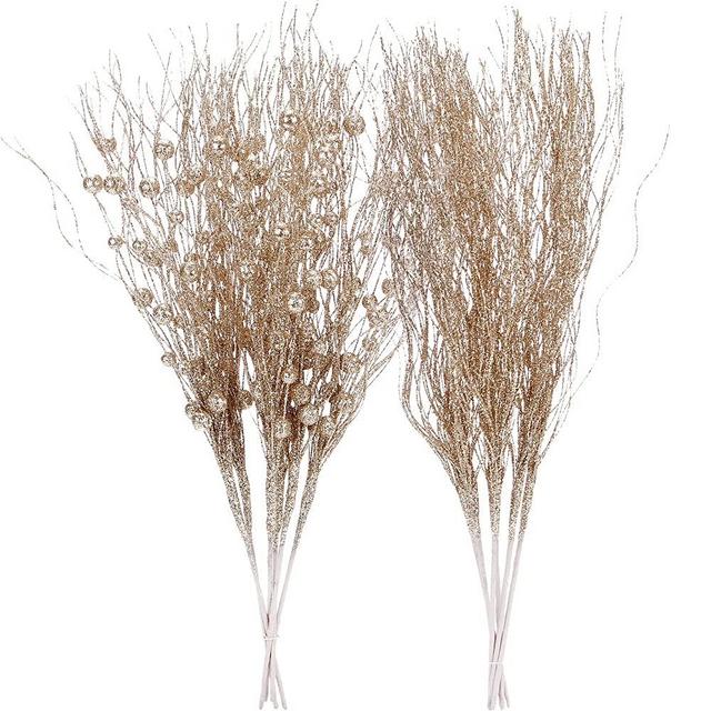 Sea Team 12-Pack Artificial Glitter Berry Stem Ornaments, Decorative Bead Sticks, Glittery Twigs, Picks, Branches for Christmas Tree, Small Vase, Holiday, Wedding, Party (17 Inches, Champagne)