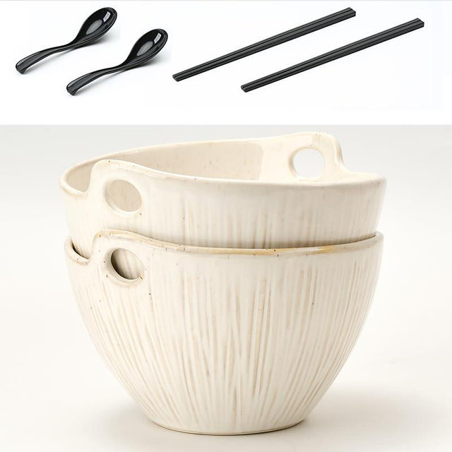 JH JIEMEI HOME Ramen Bowl with Chopsticks and Spoons Set, 7 Inch Ceramic Noodle Bowl Set of 2, Dishwasher Safe for Pho Udon Soba Noodle Salad Pasta, Special Reactive Glazed White Bowls Set