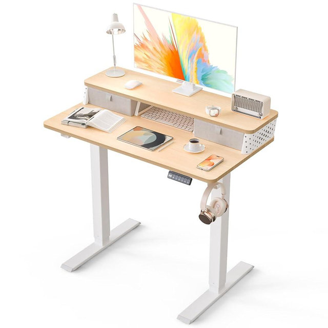 Kingant 35 x 20 Inch Small Electric Standing Desk with Dual Drawers, Height Adjustable Sit to Stand Computer Desk with Storage Shelf and C-Clamp Mount Compatibility for Home Office, Nature