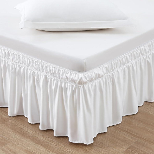 MEILA Wrap Around Bed Skirt Three Fabric Sides Elastic Dust Ruffled 18 Inch Tailored Drop,Easy to Install Fade Resistant-Natural White, Queen/King