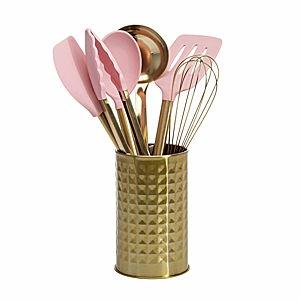 Paris Hilton Kitchen Set Tool Crock with Silicone Cooking Utensils, Stainless Steel Whisk and Ladle, 7-Piece, Pink and Gold