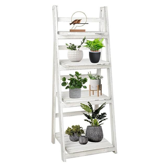 Babion 4-Tier Ladder Shelf, Plant Shelf Ladder Shelves White Folding Shelf Stable Wooden Shelf Freestanding Flower Stand Indoor Flowerpot Stand Ladder Bookshelf for Office, Bedroom, Balcony (White)