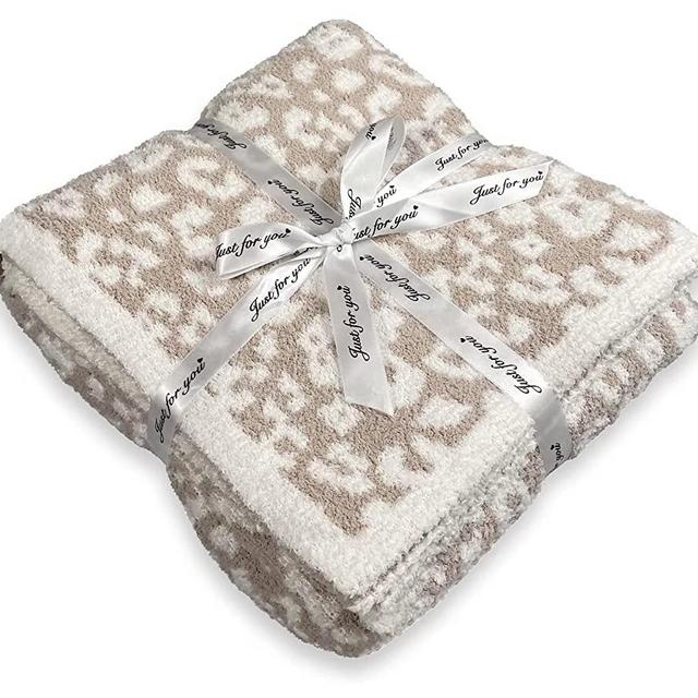 Jazzco Fluffy Leopard Knitted Throw Blanket,Lightweight Soft Plush Warm Cozy Blanket for Chair, Sofa, Couch, Bed, Camping, Travel, Stone/Cream