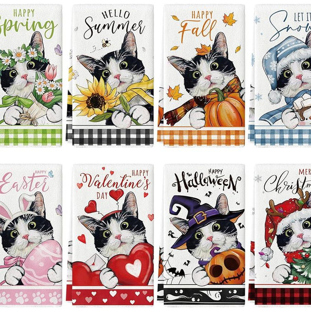 maiiooliwe 8 Pcs Cute Cat Kitchen Towels Seasonal Holiday Dish Towels for Kitchen, Spring Summer Fall Winter Absorbent Dishcloths Halloween Christmas Holiday Decoration Hand Towels