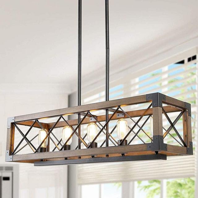 LALUZ Dining Room Lighting Fixtures Hanging, Open-Caged Farmhouse Chandelier, Rectangular Farmhouse Light Fixture, Brown (5-Light)