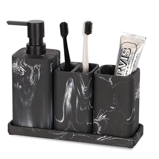 zccz Bathroom Accessory Sets - Marble Design 4 Piece Bathroom Accessories Complete Set - Soap Dispenser, Toothbrush Holder, Bathroom Tray, Bathroom Tumbler - Vanity Countertop Organizer, Black
