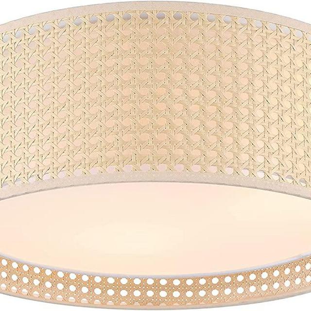 WINGBO 15.7" Modern 3-Light Flush Mount Ceiling Light Fixture with Rattan & Fabric Double Drum Shade for Bedroom Living Room Dining Room Hallway Entryway, Khaki