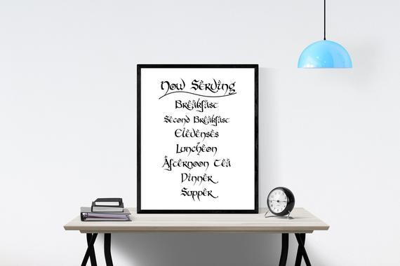 Hobbit Daily Meals | Lord of the Rings Quote | JRR Tolkien | Literary Sign | The Shire | Now Serving Food | Typography | LOTR