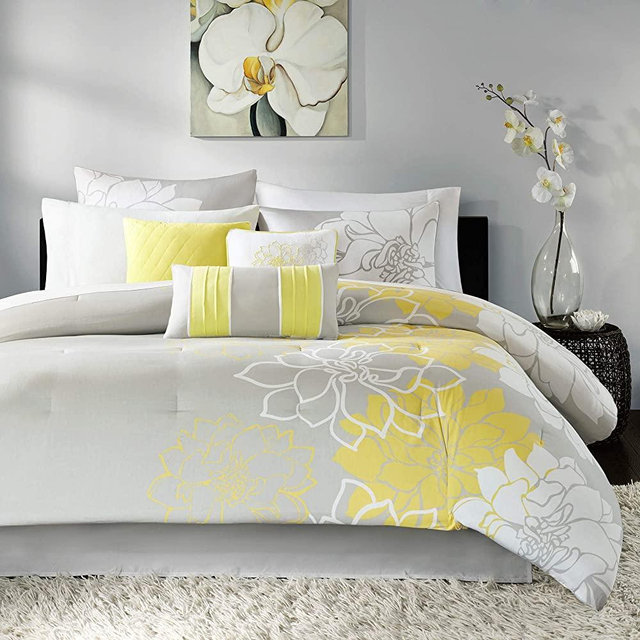 Madison Park Lola Sateen Cotton Comforter Set-Casual Medallion Floral Design All Season Down Alternative Bedding, Shams, Bedskirt, Decorative Pillows, Queen(90"x90"), Grey/Yellow, 7 Piece