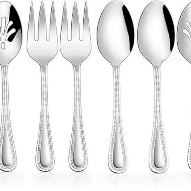 HaWare 6 Pieces Serving Set, Stainless Steel Silverware Serving Utensils, Pearled Edge Hostess Silverware for Buffet Party Kitchen Restaurant, Mirror Finished & Dishwasher Safe (Pack of 2)