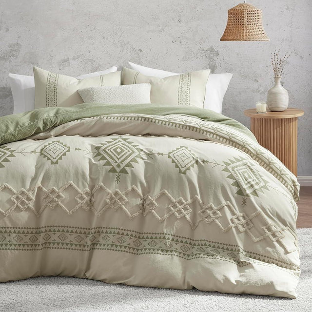 Oli Anderson Boho Duvet Cover Set Queen Size, Beige and Sage Green Color Clash 3 Pieces Microfiber Bedding Set, Durable and Super Soft Duvet Covers with Zipper and Ties, 90"*90"