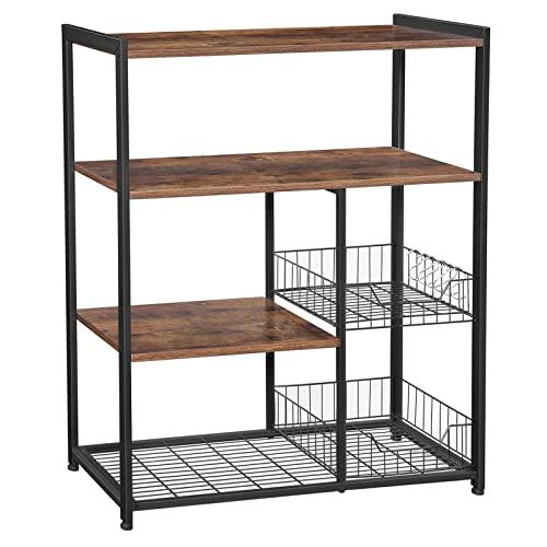 VASAGLE ALINRU Kitchen Baker’s Rack, Industrial Kitchen Shelf with 2 Mesh Baskets and 6 Hooks, Microwave Oven Stand, Rustic Brown UKKS96X