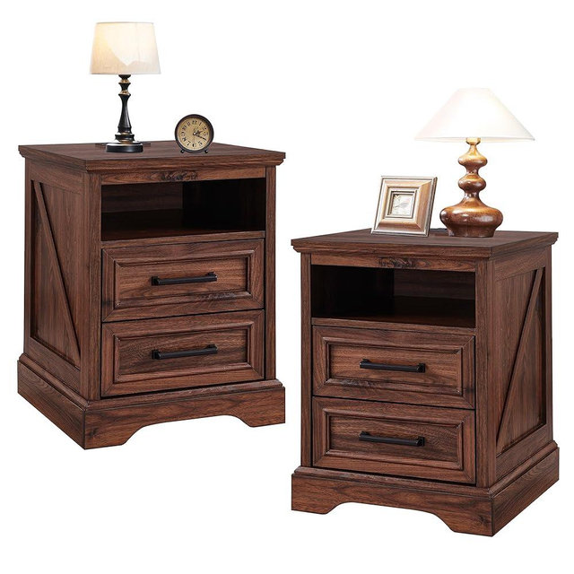 ACCOHOHO 18" Farmhouse Nightstand Set of 2 with Charging Station,End Table with 2 Drawers Storage,Side Table,Bedside Cabinet for Bedroom,Living Room, Brown