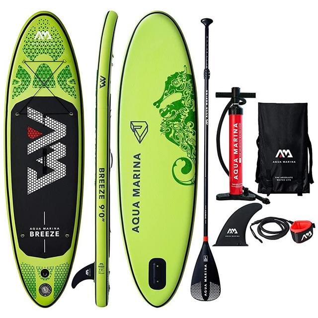 9' Inflatable Stand Up Paddle Board 4.72" Thick Aqua Marina Breeze SUP with Double Action Pump, Magic Backpack, Slide-in Center Fin, Sports III Paddle and Safety Leash
