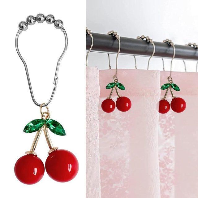 Cherry Bathroom Decor Curtain Hooks Rings for Bathroom Shower Rod (12pcs) - Rust Proof Metal Stainless Steel Curtain Ring Red Cherry Pendant Decoration