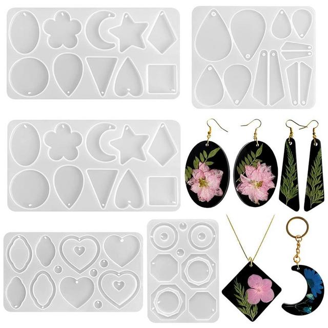 RESINWORLD 5 Pcs Large Resin Earrings Mold with Hole, Oval/Teardrop/Heart/Star/Moon Pendant Keychain Stud Earrings Silicone Molds for Resin Casting, Resin Jewelry Making