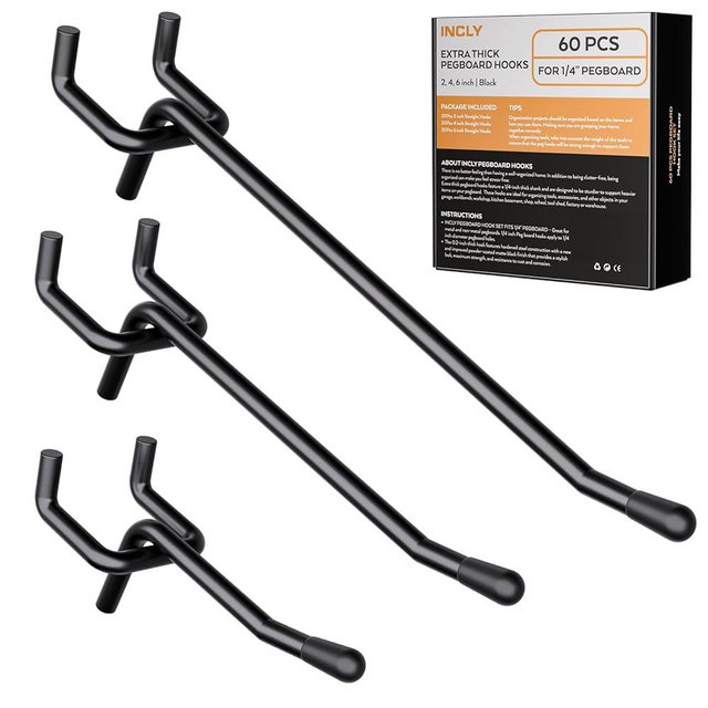 INCLY 60 Pack 2/4/6 Inch Black Pegboard Hooks, 1/4" Heavy Duty Peg Board Shelving Hooks Accessories, Peg Board Tool Hangers Fit for 1/4" Pegboard Hanging Tools Garage, Craft Organizing, Kitchen, Store