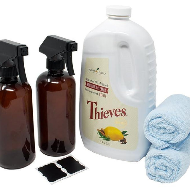 Thieves Cleaner Kit – Includes Young Living Thieves Cleaner 64 fl.oz, (2) Plastic Amber Spray Bottles 16oz (PET #1 – BPA Free) w/Reusable (2) Chalk Labels, and (2) Microfiber Cloths