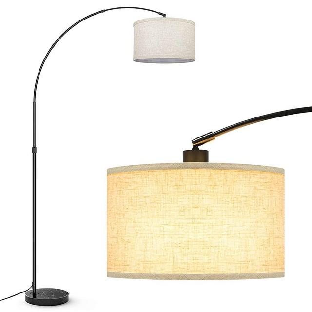 Arc Floor Lamp with Unique Hanging Drum Shade for Living Room - Modern Standing Lamps Adjustable Height with Marble Base Contemporary Tall Stand Up Pendant Light for Bedroom Office Reading, Beige