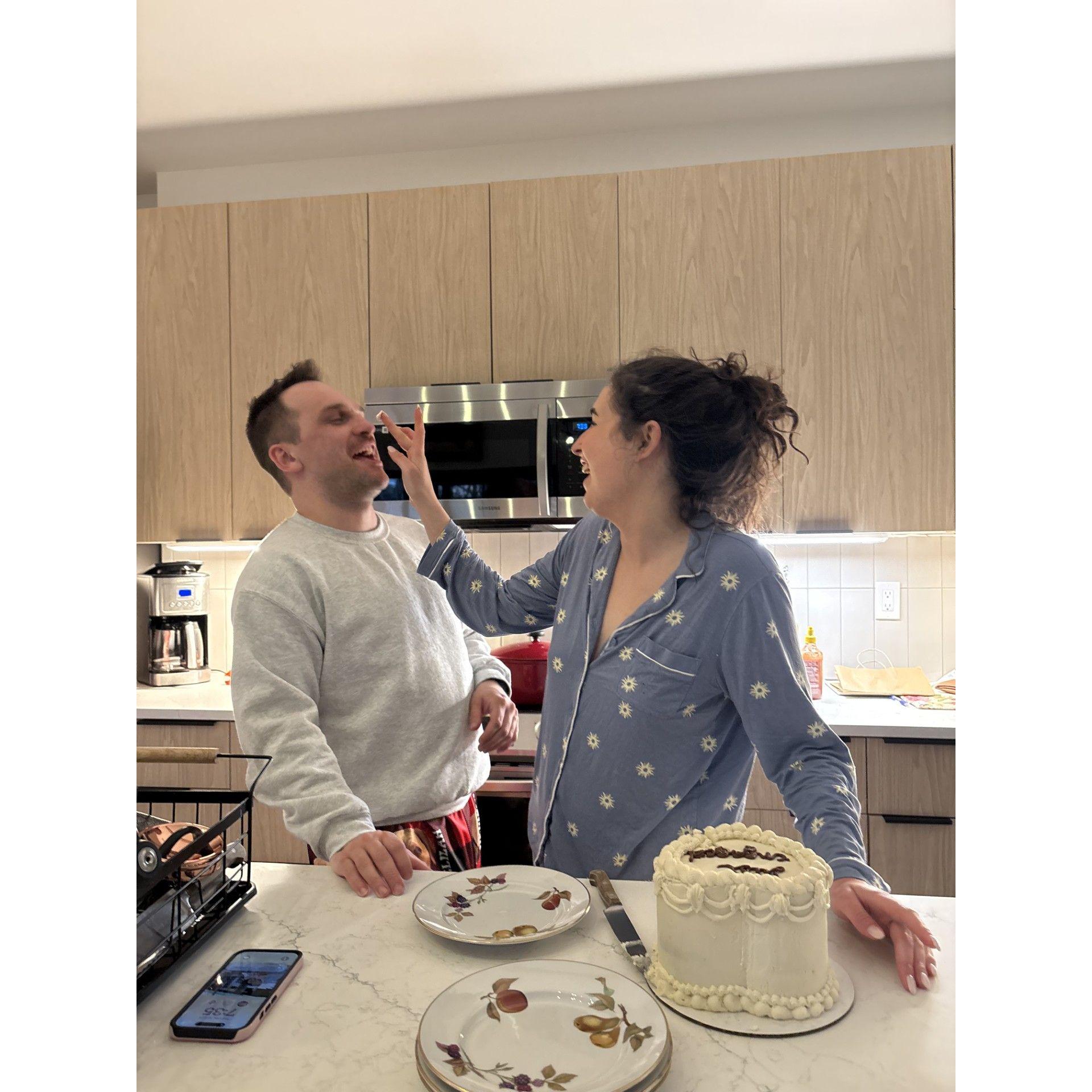Here we are sampling our delicious wedding cake!