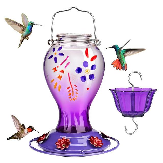Kingsyard Glass Hummingbird Feeder for Outdoors Hanging - 26 oz Leak Proof Nectar Feeder with 6 Feeding Ports & Ant Moat for Garden Backyard Decor, Purple
