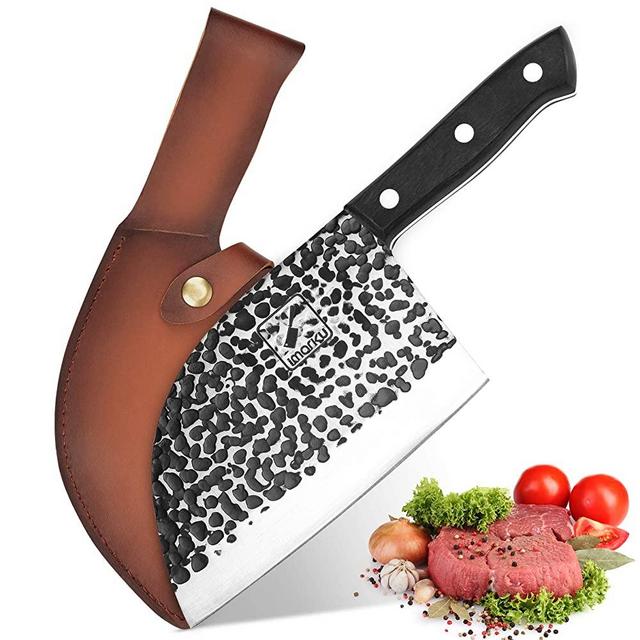Damascus Butcher Knife, imarku Handmade Serbian Chef Knife Full Tang Forged kitchen Cleaver Knife High Carbon Clad Steel Meat Cleaver with Leather Knife Sheath - 7 inch