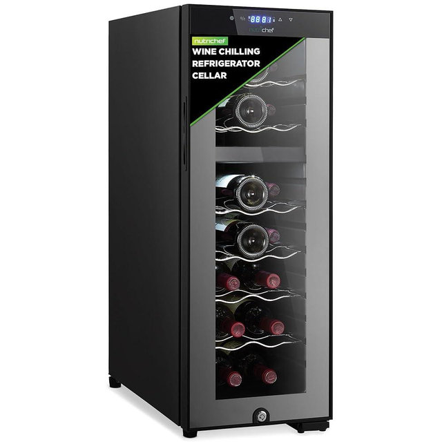 NutriChef PKCWCDS182.5 Chilling Refrigerator Cellar-Dual-Zone Wine Cooler/Chiller, Digital Touch Button Control with Air Tight Seal, Contains Placement for Standing (18 Bottle Storage Capacity), Black