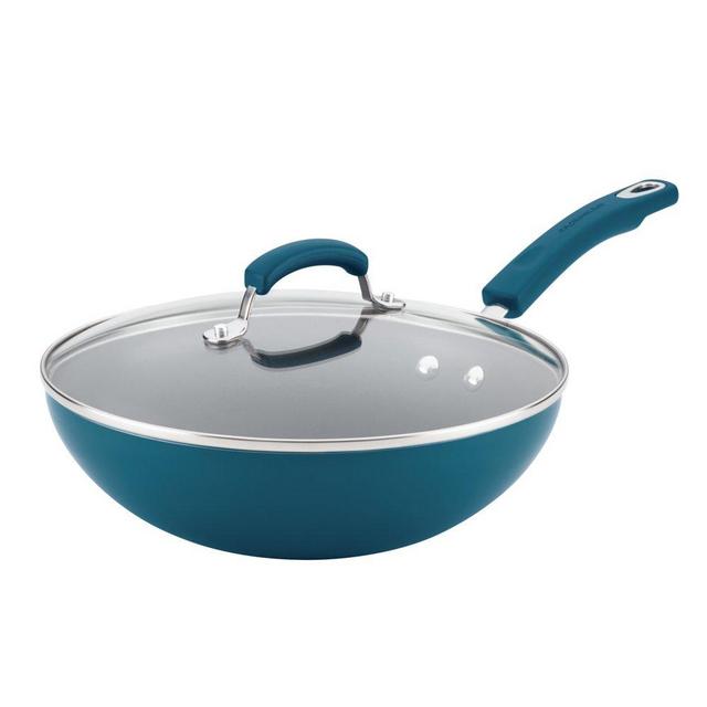 Rachael Ray 11-Inch Classic Brights Aluminum Nonstick Stir Fry Pan with Glass Lid, Marine Blue Gradient Hard Enamel