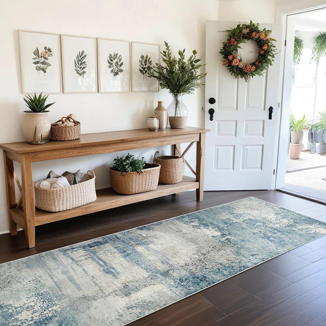 BYYVOO 8 Foot Runner Rug: Washable Non-Slip Abstract Carpet for Kitchen Entryway Bedroom - Soft Stain Resistant Easy Clean Mat for Family with Pets 2.6x8 Blue