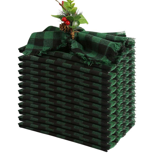 Handmade Cloth Napkins Set of 12, 100% Cotton Cloth Napkin with Fringe 17X17 Inches, Green/Black Buffalo Check Napkins for Christmas Dinner Table Decor