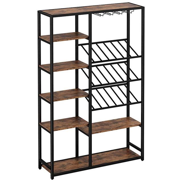 IRONCK Industrial Freestanding Wine Racks Bookcases and Bookshelves Open Display Shelves Wine Glass Storage for Kitchen Dining Living Room, Vintage Brown