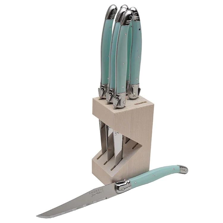 Jean Dubost 6 Steak Knives in Wooden Block, Turquoise