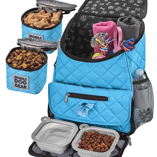 Mobile Dog Gear, Dog Travel Bag, Deluxe Quilted Weekender Backpack, Includes Lined Food Carriers and 2 Collapsible Dog Bowl