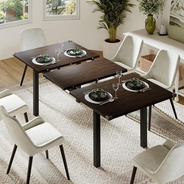 Feonase 63" Extendable Kitchen Table, Modern Farmhouse Dining Table for 4-8, Wooden Dining Room Table for Small Space, Dining Room, Home Office, Living Room Furniture, Espresso