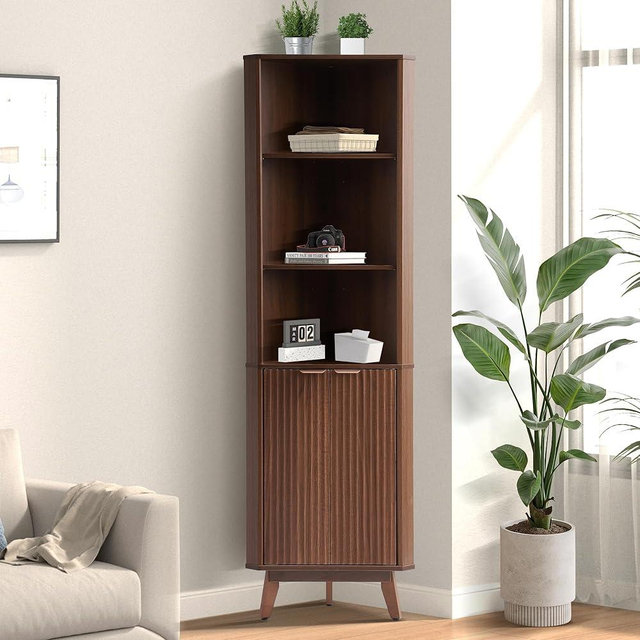 Grepatio Fluted Corner Cabinet, 68" Tall Corner Storage Cabinet with 2 Door & 4 Adjustable Shelves, Freestanding Bathroom Shelf, Faux Marble Top, Curved Profile Design for Bathroom, Kitchen (Brown)