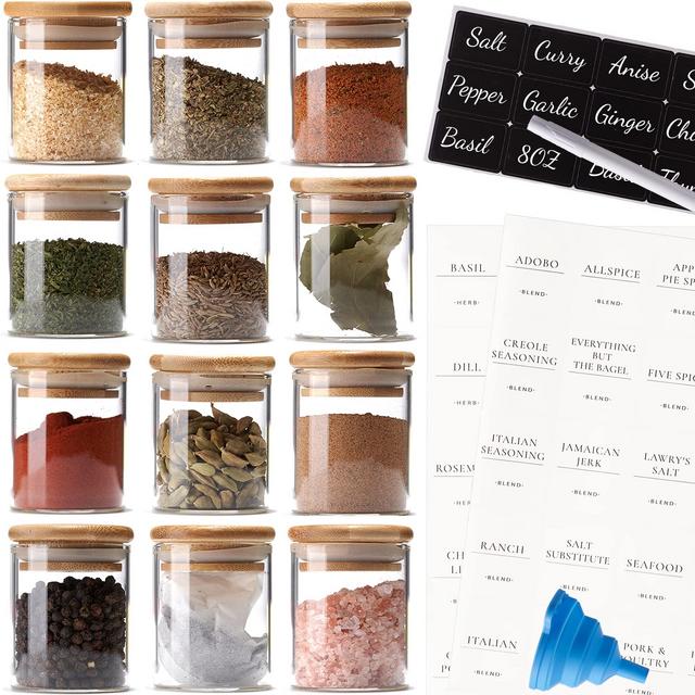 Stylvio 12 8oz Glass Spice Jars with Airtight Natural Bamboo Lids Set, 12 Seasoning Jars with 95 Pre-printed Minimalistict Labels + 12 Black Chalkboard Labels and Erasable Liquid Chalk Pen, Glass Jars with Bamboo Lids and Labels