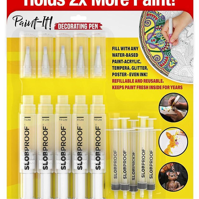 Slobproof Paint It! Decorating Pen, Refillable Paint Pens, Fine Tip, Home, Hobbies, Crafting, Scrapbooking, Fills with Chalk, Glitter, & Metallic Paints, Works on Wood, Fabric, Metal, Pack of 5
