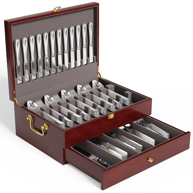 Gernshe Mahogany Wood Silverware Storage Box,Silverware Case Flatware Chest with Felt Lined,Flatware Storage Box for 12 sets of Utensils（Walnut，2 Tier）