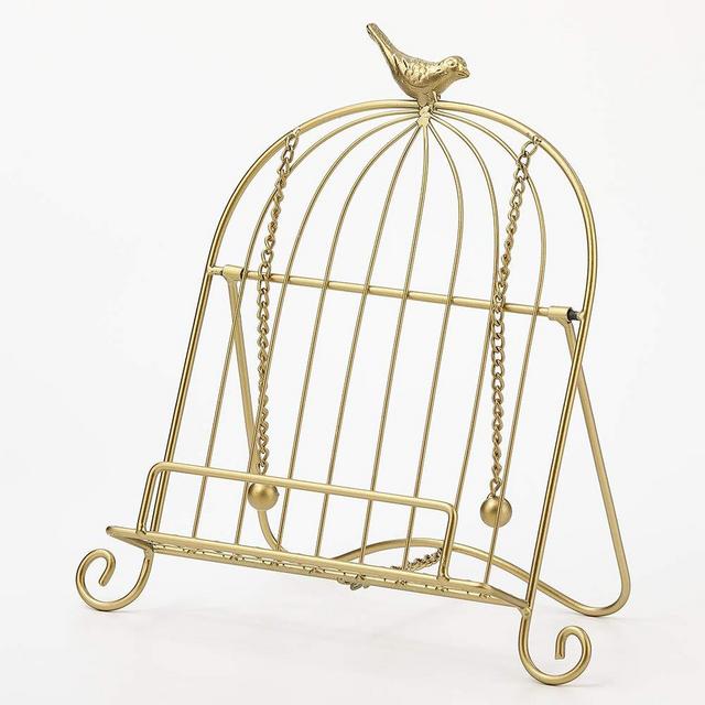 Jemeni Adjustable Cookbook Stand for Kitchen, Metal Birdcage Shaped with 2 Weighted Chains, Gold