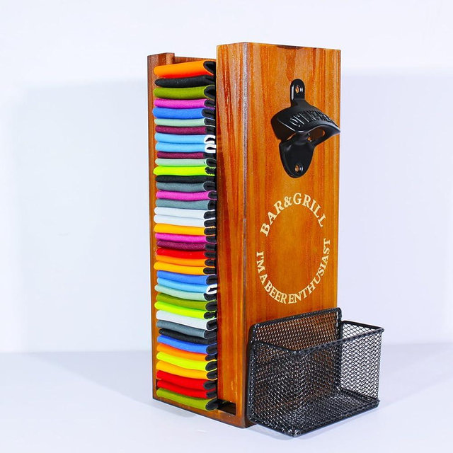 LEIRUOTM 3-in-1 Can Cooler Holder with Bottle Opener - Wooden Beer Can Sleeves Organizer & Dispenser - Wall Mounted Beer Can and Bottle Cooler Storage - Ideal for Home Bars and Parties(Wood)